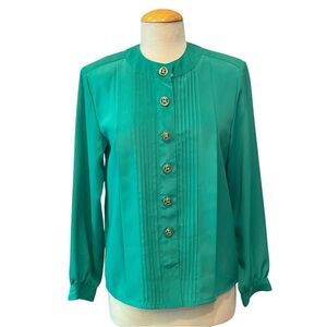 Worthington Green Buttoned Pleated Blouse Sz 6‎ Vintage Inspired